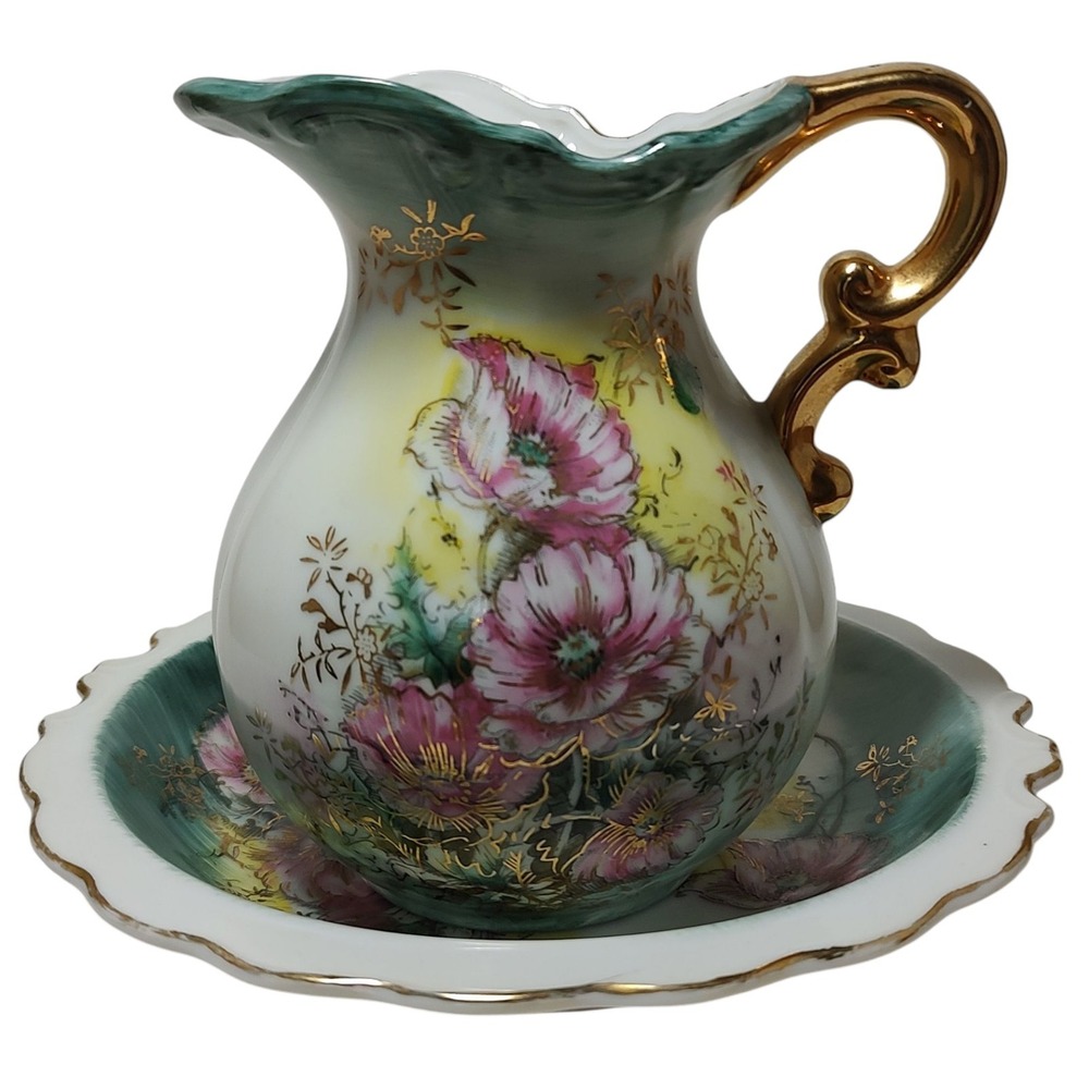 Vintage Lefton Pitcher and Bowl Hand Painted Gold Trim Japan Item 5523 1960s SEE